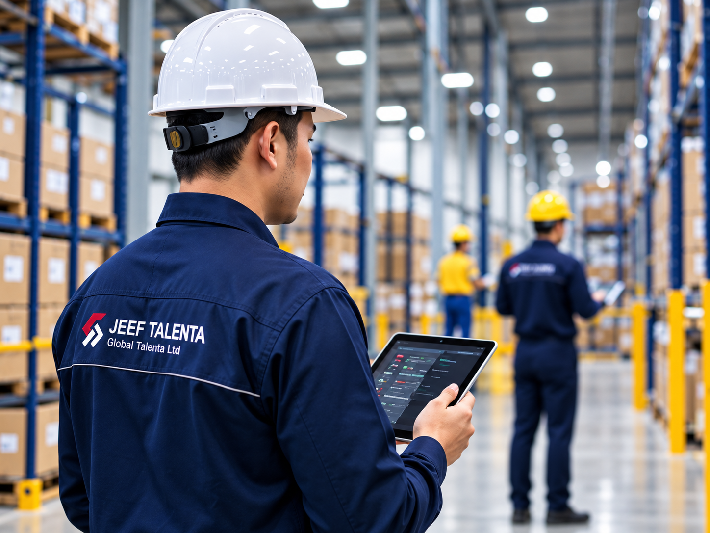Petugas operasional dengan tablet di lingkungan gudang dan logistik